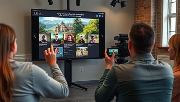 An engaging photography workshop scene featuring a professional photographer demonstrating camera techniques and composition principles to a virtual audience, with visual examples and interactive exercises displayed on the screen, capturing the essence of a dynamic and educational online photography masterclass.