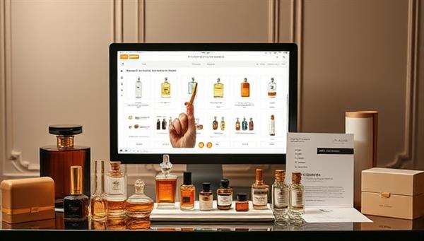 An elegant image showcasing a virtual fragrance creation session, with a perfumer guiding a client through scent samples, blending tools, and ingredient bottles on a digital interface, surrounded by luxurious packaging options and a personalized scent profile report, evoking a sense of luxury and customization in fragrance creation.