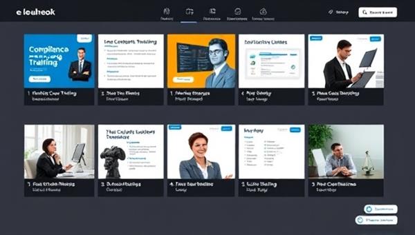An e-learning platform interface showcasing a variety of compliance training modules, interactive quizzes, and downloadable resources, with professionals engaging in virtual training sessions and accessing legal compliance materials, symbolizing education and regulatory knowledge.