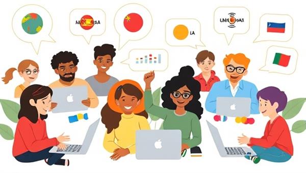 A lively digital illustration of diverse individuals engaging in virtual language exchange sessions on laptops and tablets, with speech bubbles showcasing different languages being spoken, creating a vibrant and multicultural learning environment.