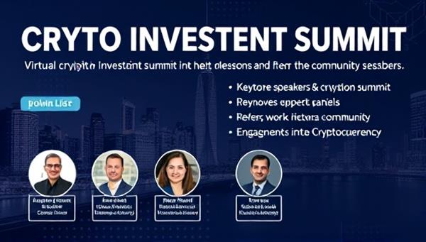 An online event banner showcasing a virtual crypto investment summit with keynote speakers, discussion panels, and networking sessions for club members, conveying expertise and community engagement in the cryptocurrency space.