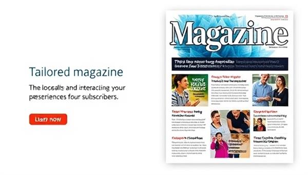 An engaging digital magazine cover design featuring dynamic visuals and personalized content snippets, showcasing the concept of tailored and interactive reading experiences for subscribers.