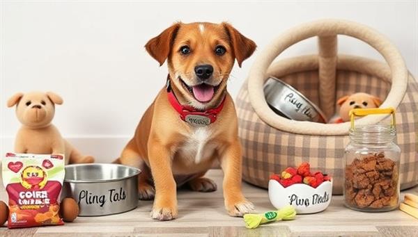 An adorable pet modeling a personalized collar with its name engraved, sitting next to customized pet bowls and a cozy bed, surrounded by playful toys and treats, capturing the essence of love and care in the personalized pet accessories.