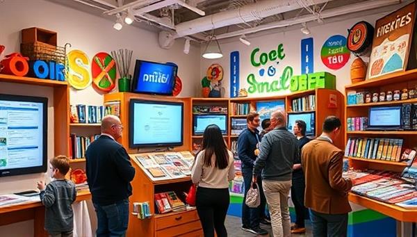 A vibrant and bustling pop-up shop filled with colorful displays of financial tools, interactive screens showcasing investment options, and financial experts engaging with visitors, creating a lively and educational atmosphere for all ages.