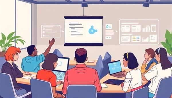 An illustration of a training session with employees engaging in group activities, online learning modules, and mentorship sessions, symbolizing continuous learning and professional development in the workplace.