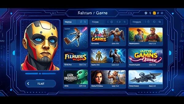 An illustration of a futuristic AI interface displaying personalized game recommendations based on player preferences, with dynamic visuals representing various gaming genres and styles, highlighting the customization and tailored experience offered by GameGenie AI.