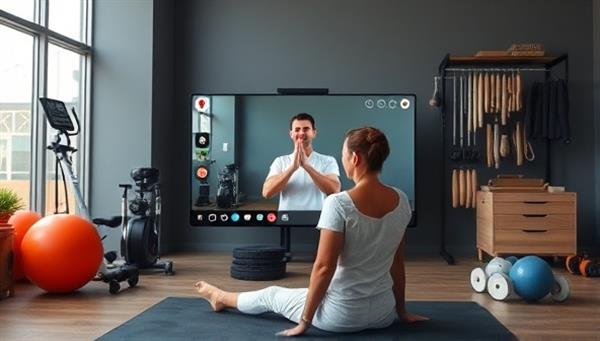 A virtual rehabilitation therapy session setup with a therapist guiding a patient through exercise movements, mobility assessments, and pain relief techniques via a video call, surrounded by fitness equipment and recovery tools, promoting remote rehabilitation support and recovery therapy.