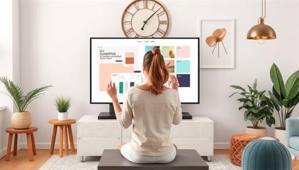 A stylish virtual interior design consultation setup featuring a designer showcasing mood boards and color swatches on a digital screen, surrounded by trendy decor elements, creating a modern and inviting virtual design studio.