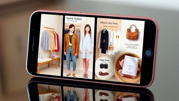 An elegant smartphone screen displaying a virtual fitting room with a user trying on various outfits virtually, surrounded by fashion accessories and style suggestions, illustrating convenience and style exploration.