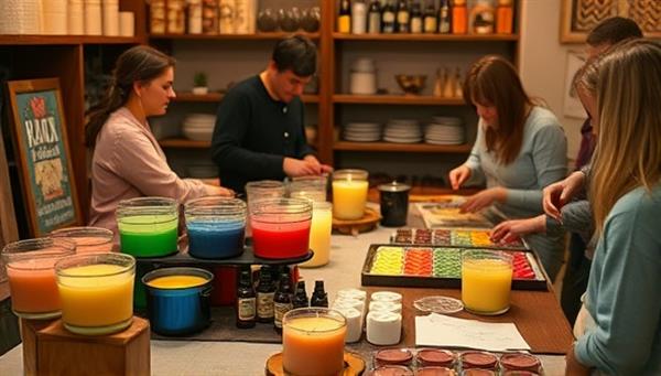 A cozy workshop setup with colorful wax melting pots, an array of fragrant essential oils, decorative candle molds, and participants immersed in the creative process of making personalized candles, capturing the essence of the Wick & Pour Workshops experience.
