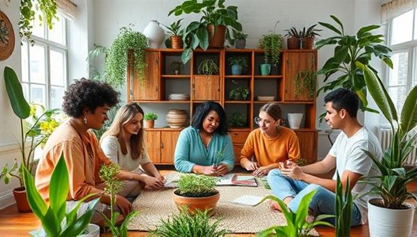 An inspiring image of a virtual sustainable living workshop, featuring a diverse group of participants learning about composting techniques, upcycling projects, and sustainable fashion tips, surrounded by eco-friendly home decor and plant-filled spaces, embodying a harmonious connection with nature and community.