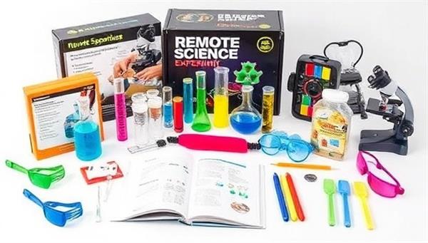 An assortment of remote science experiment kits with colorful lab equipment, test tubes, microscopes, and safety goggles, accompanied by a guidebook with step-by-step instructions for conducting scientific experiments at home, promoting hands-on learning and scientific exploration.