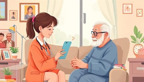 A heartwarming digital illustration of a caregiver engaging in a virtual chat with an elderly person, surrounded by photos and mementos, creating a sense of connection and compassion in a comforting home setting.