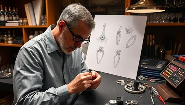 A master jeweler meticulously crafting a custom diamond ring in a workshop filled with gemstones, tools, and design sketches, surrounded by a luxurious and elegant ambiance, showcasing the craftsmanship and sophistication of the bespoke jewelry design studio.