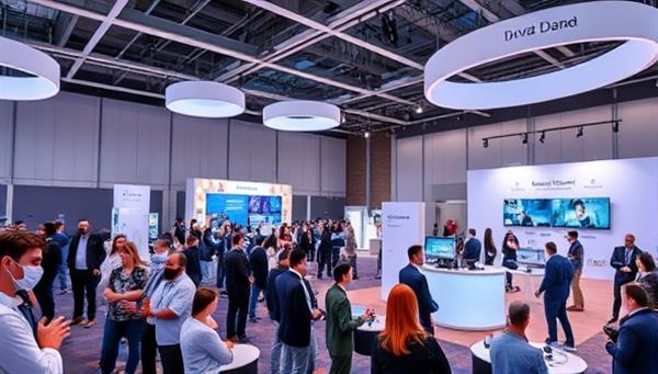 A dynamic virtual event setup featuring a digital conference hall with interactive booths, live streaming sessions, and networking lounges, filled with virtual attendees engaging in discussions and presentations, capturing the essence of innovative and engaging virtual events.