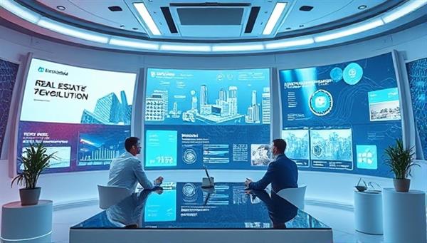 A futuristic office setting with digital screens displaying advanced real estate tech solutions and automation systems, with professionals engaging in a collaborative technology consultation session, symbolizing the innovative approach and expertise of TechRealtyAdvise in the digital real estate realm.