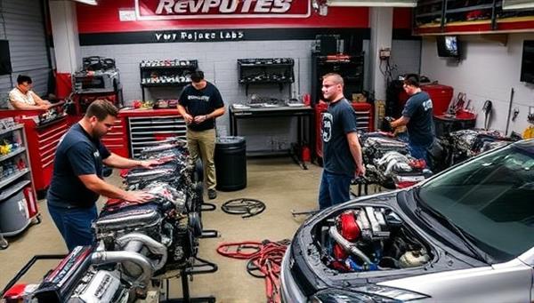 A dynamic workshop setting with participants engaging in hands-on car tuning activities, surrounded by tools, engines, and performance parts, capturing the excitement and learning experience of RevUp Labs car performance tuning workshops.