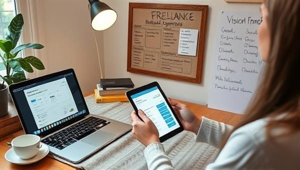 A cozy home office setup with a laptop displaying invoicing software, a freelancer calculating expenses on a tablet, a vision board with financial goals, and a cup of tea, creating a warm and productive atmosphere for freelance financial management in the FreelanceFunds Hub platform.