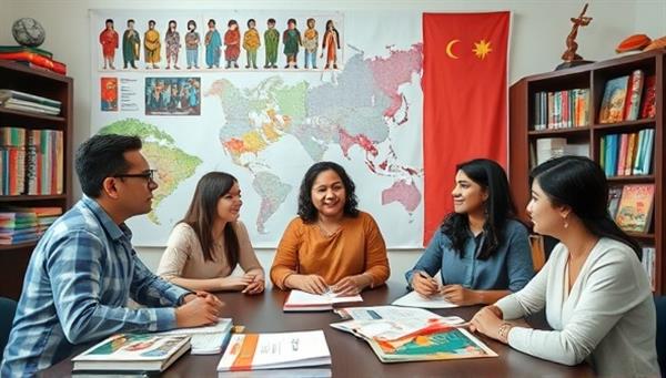 A virtual language exchange setting with participants from diverse backgrounds engaging in a lively conversation, cultural displays in the background, and language learning materials like books and maps, symbolizing the spirit of global connection and linguistic diversity.