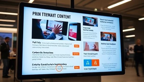 A digital screen displaying a dynamic and interactive content piece with various engagement elements such as polls, animations, and clickable hotspots, illustrating the platform