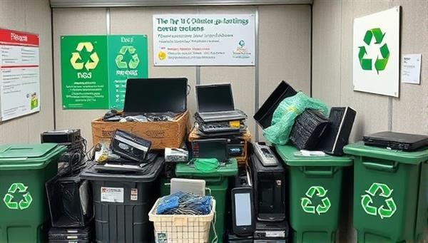 An image of a collection point with various electronic devices being sorted for recycling, surrounded by eco-friendly signage and recycling bins, emphasizing a green and sustainable approach to tech disposal.
