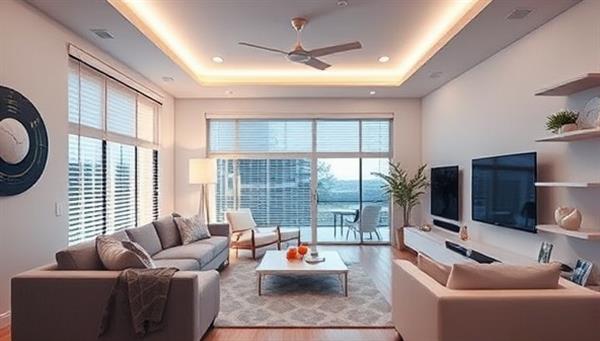 An image of a modern living room with integrated smart home devices, such as voice-controlled lighting, automated blinds, and a smart thermostat, creating a futuristic and convenient living environment that appeals to tech-savvy homeowners.