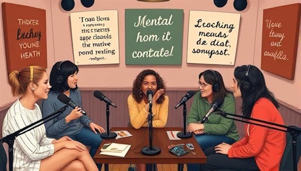 An artistic depiction of a diverse group of podcast hosts recording episodes in a cozy studio setting, surrounded by microphones, soundproof panels, and inspirational quotes, reflecting a warm and inviting atmosphere for mental health discussions and positive storytelling.