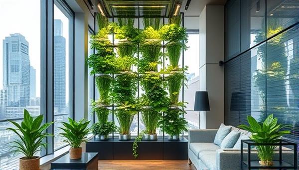 An urban setting showcasing a sleek, modern interior with vertical hydroponic towers brimming with vibrant greens, creating a visually striking and sustainable living environment in a compact space.