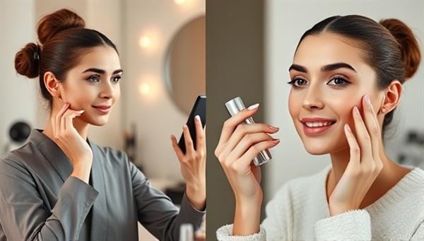 A split-screen image showcasing a beauty professional providing a virtual consultation on one side, while the client experiments with skincare products and makeup on the other side, creating an engaging and interactive beauty experience.
