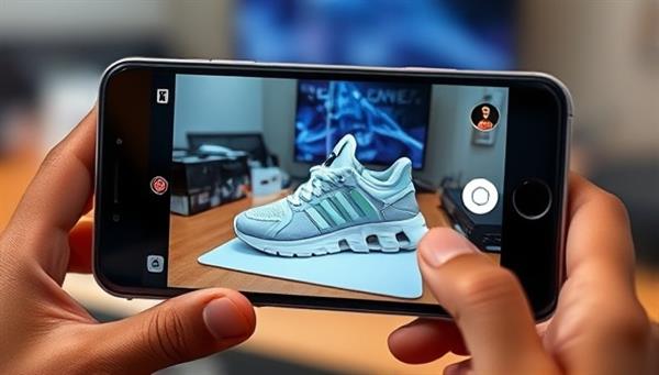 An AR-enhanced mobile screen displaying a lifelike virtual product seamlessly integrated into a real-world environment, such as a virtual pair of sneakers placed on a user