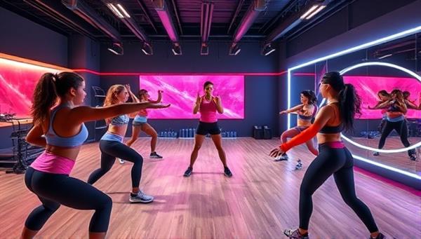 A virtual fitness studio environment with avatars participating in a high-energy workout class led by a virtual instructor, showcasing a dynamic and interactive fitness challenge experience.