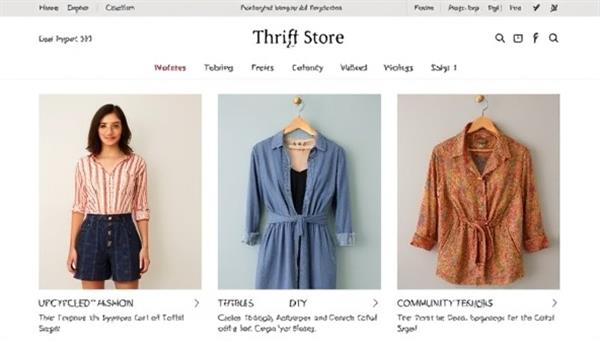 An online thrift store homepage featuring a curated collection of upcycled fashion pieces, DIY tutorials, and community spotlights, reflecting the ethos of sustainability and creativity within the online thrift store and upcycling community platform.