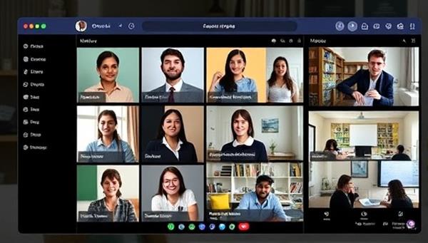 An online platform interface displaying profiles of mentors and students, with virtual meeting rooms and interactive workshop spaces, conveying a sense of connection and mentorship support in a digital environment.