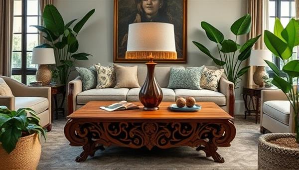 An elegant living room setting featuring a custom-designed wooden coffee table with intricate carvings and a personalized lampshade, surrounded by lush green plants and cozy textiles, evoking a sense of bespoke luxury and sustainability.