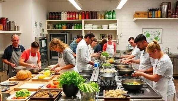 A bustling kitchen studio filled with participants chopping vegetables, stirring pots, and plating dishes, surrounded by shelves of colorful spices and cooking utensils, exuding a vibrant and interactive culinary learning environment.