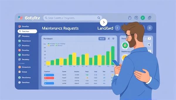 An illustration of a digital dashboard displaying property listings, maintenance requests, and financial reports, with a landlord managing tasks efficiently from a smartphone, symbolizing convenience and control.
