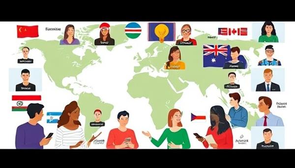 A colorful and diverse visual representation of a virtual language exchange session, featuring participants from different countries engaging in language practice, cultural discussions, and mutual learning experiences, symbolizing unity through language and shared knowledge in a virtual global community.
