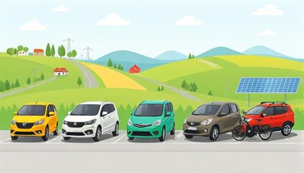 An eco-conscious illustration showcasing a variety of environmentally-friendly vehicles, including electric cars, bicycles, and hybrid models, lined up for passengers to choose from, with green landscapes and solar panels in the background, symbolizing sustainable and ethical transportation choices.