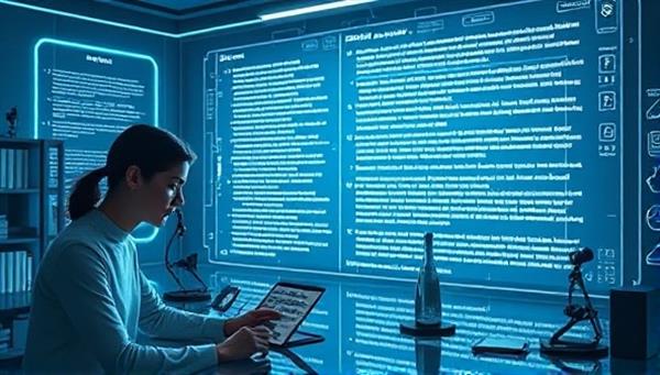 A futuristic workspace with a writer interacting with a holographic AI assistant, analyzing text on a transparent screen with digital writing suggestions, showcasing a seamless blend of human creativity and AI technology in the writing process.