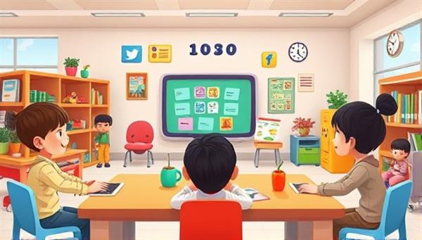 An artistic depiction of a colorful online classroom environment with animated characters guiding children through interactive learning activities, sparking curiosity and creativity.