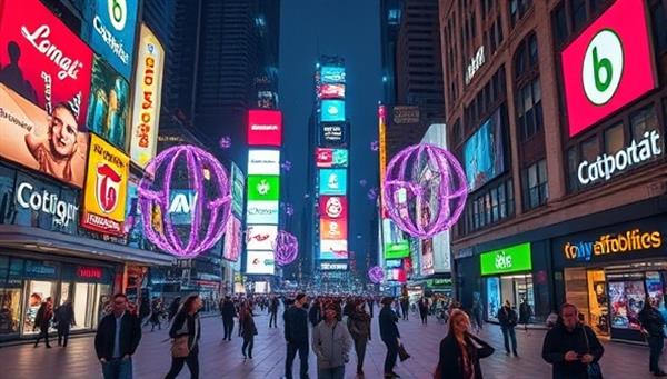 A bustling city square illuminated by holographic projections of vibrant brand logos, products, and animations floating in mid-air, creating a mesmerizing and futuristic advertising spectacle that captivates passersby.