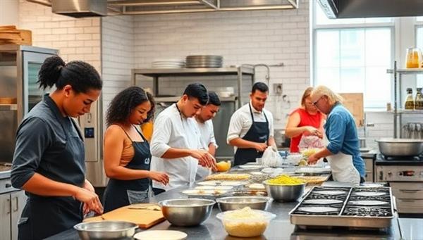 An image of a diverse group of individuals cooking and baking in a shared commercial kitchen space, collaborating on recipes and food projects, surrounded by modern kitchen equipment and utensils, illustrating a vibrant and communal culinary environment.