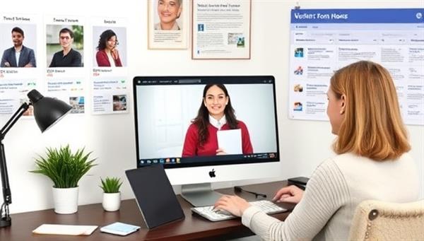 A virtual career coaching session with a coach guiding a client through a remote job search strategy on a computer screen, surrounded by inspirational work-from-home setups and digital job listings, symbolizing career advancement and flexibility.
