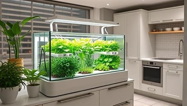 An elegantly designed aquaponic indoor farming kit displayed in a modern kitchen, showcasing the ease of use and aesthetic appeal of Aquafarm Pro
