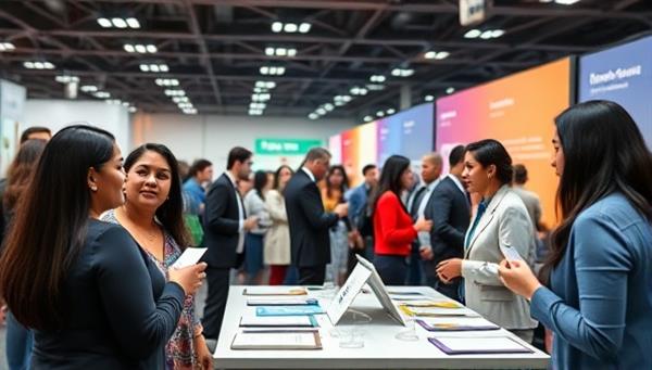 A digital career fair scene showcasing diverse professionals networking, attending workshops, and exchanging virtual business cards, symbolizing career growth and opportunity in the digital age.