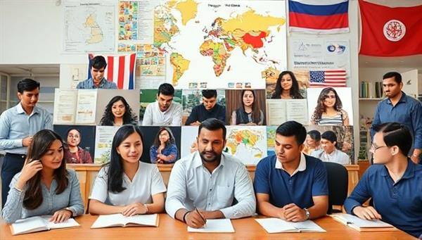 An interactive virtual language learning session featuring a diverse group of participants engaging in language exercises, cultural discussions, and virtual travel experiences, with language textbooks, maps, and flags in the background, creating a vibrant and educational atmosphere.