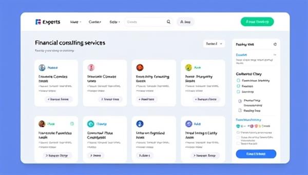 An interactive platform interface displaying a variety of financial consulting services offered by experts, with a seamless booking system and real-time chat features for instant communication, fostering a dynamic marketplace for financial advice.