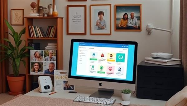 A compassionate virtual care coordination setting with a computer displaying a care management dashboard, surrounded by comforting senior care resources, family photos, and medical alert devices, creating a warm and supportive online elderly care environment.