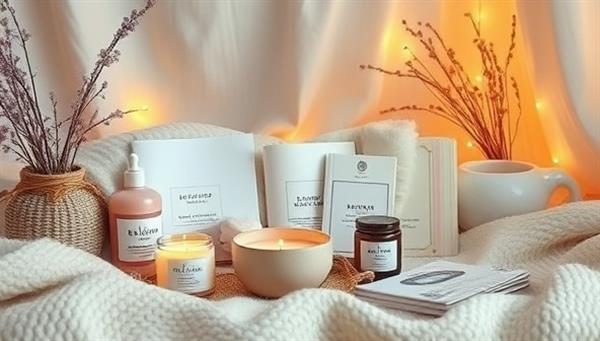 An aesthetically pleasing virtual self-care retreat with a curated selection of relaxation products, such as candles, bath salts, and mindfulness journals, arranged in a cozy setting with soft lighting and calming music, evoking a sense of tranquility and indulgence.