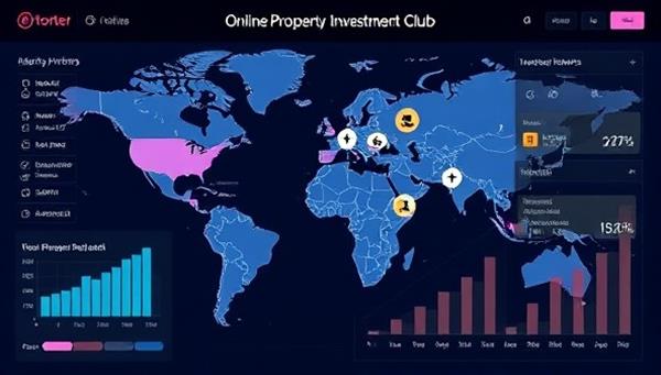 A digital interface displaying an interactive map with various property investment opportunities highlighted, accompanied by graphs showing potential returns and investment growth, symbolizing the collaborative and transparent nature of the online property investment club.